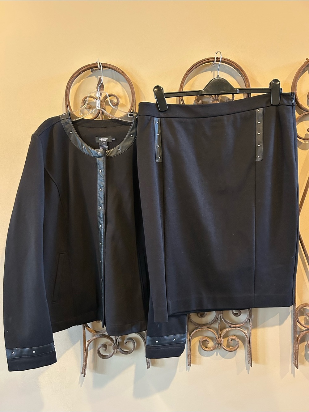 Olsen Black Stud-Trim Knit Pencil Skirt and Jacket Set
